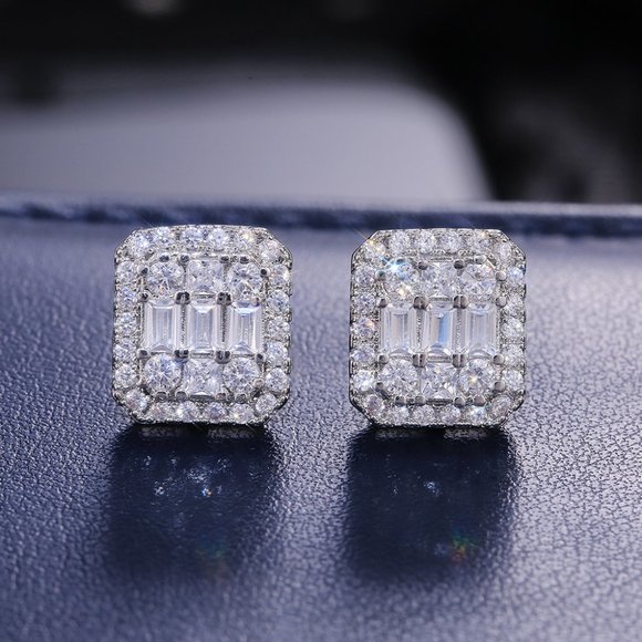 NEW Silver Baguette Round Diamond Stud Earrings - Picture 3 of 7